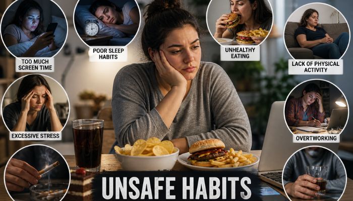 Woman surrounded by unhealthy lifestyle habits like poor sleep, junk food, stress, smoking, and excessive screen time