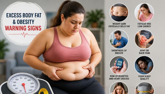 Overweight woman holding belly fat sitting near a weighing scale showing obesity warning signs