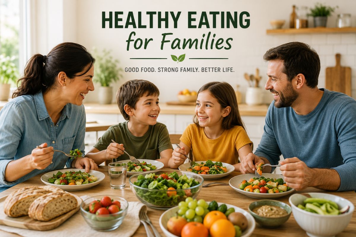 Happy family eating healthy food together at a dining table in a bright modern kitchen