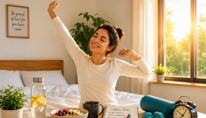 Woman stretching in a bright bedroom with healthy breakfast and morning wellness setup